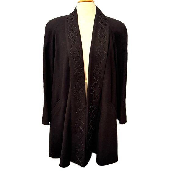 Vintage Alorna Coat Womens XL / 1X Black Wool Embroidered Open Front USA 60s - Picture 1 of 8